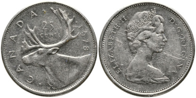 КАНАДА 25 ЦЕНТОВ 1978 ЕЛИЗАВЕТА II (1952-), ОЛЕНЬ, ВТОРОЙ ПОРТРЕТ В КОРОНЕ KM 62b никель 4543-741
