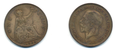 Великобритания 1 пенни 1936 Георг V (1910-1936) KM 838, Spink 4055 бронза 83-613