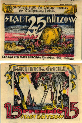 БЮТЦОВ 25 ПФЕННИГОВ 1922 НОТГЕЛЬД, 28 ФЕВРАЛЯ 1922, ЗЕМЛЯ МЕКЛЕНБУРГ, ПЕРЕДНЯЯ ПОМЕРАНИЯ Grabowski 205.1 бумага 6318-40-3-2