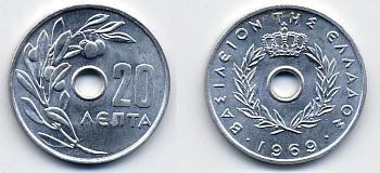 Греция 20 лепта 1969 Константин II (1964-1974), оливковая ветвь KM 79 алюминий UNC 41-825