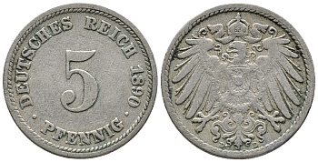 ГЕРМАНИЯ 5 ПФЕННИГОВ 1890 D KM 11, J. 12 медно-никель 39-637
