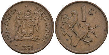 ЮАР 1 цент 1971 герб, капские воробьи KM 82 бронза 4588-1252