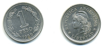 Аргентина 1 песо 1959 голова свободы влево KM 57 сталь плакированная никелем 4364-126