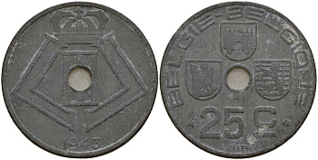 Бельгия 25 сантимов 1943 Belgie - Belgique, Леопольд III (1934-1947), германская оккупация, Вторая мировая война KM 132 цинк 4157-546