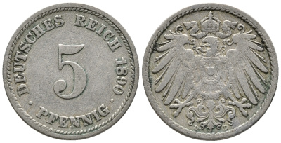 ГЕРМАНИЯ 5 ПФЕННИГОВ 1890 D KM 11, J. 12 медно-никель 39-637