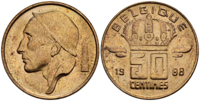 БЕЛЬГИЯ 50 САНТИМОВ 1988 BELGIQUE KM 148.1 бронза 4528-925