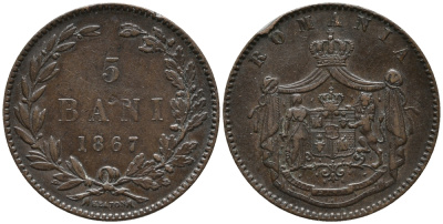 Румыния 5 бани 1867 монетный двор Heaton (Хитон), Кароль I как принц (1866-1881) KM 3.1 медь 34-635