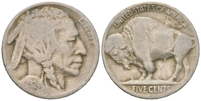 США 5 центов 1924 индеец, бизон KM 134 медно-никель 4614-1053