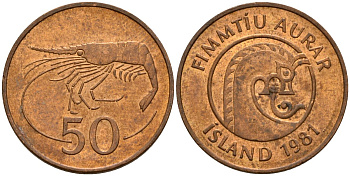 Исландия 50 эйре 1981 креветка KM 26 бронза 4174-837
