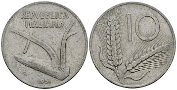 Италия 10 лир 1951 KM 93 алюминий 4521-1223