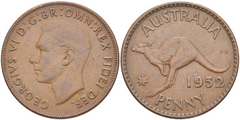 Австралия 1 пенни 1952 m, Георг VI (1937-1952), кенгуру KM 43 бронза 32-113