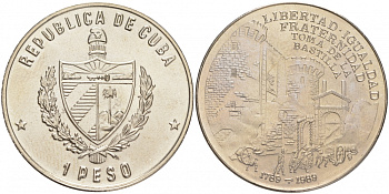 Куба 1 песо 1989 200 лет Французской революции, падение Бастилии KM 272 медно-никель UNC M36-18