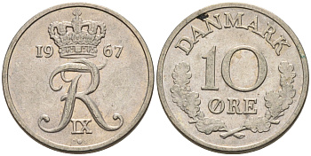 Дания 10 эре 1967 C; S, Фредерик IX (1947-1972) KM 849.1 медно-никель 4564-1225