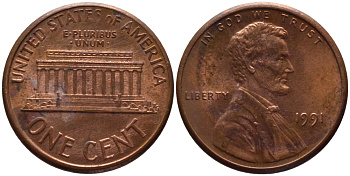 США 1 ЦЕНТ 1991 ЛИНКОЛЬН KM 201b цинк плакированный медью 66-1038