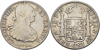 Мексика 8 реалов 1794 FM, монетный двор Mo (Мехико Сити), Карл IV Испанский (1788-1808) KM 109 серебро 650-723