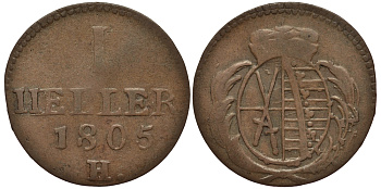 Саксония 1 геллер 1805 Фридрих Август III (1763-1806), из коллекции Gerhart Rother H, KM 1002, Merseb. 2023 медь 413-6525