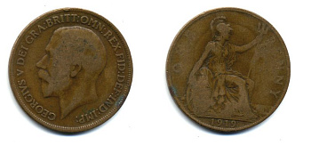 Великобритания 1 пенни 1919 Георг V (1910-1936) KM 810, Spink 4051 бронза 47-231