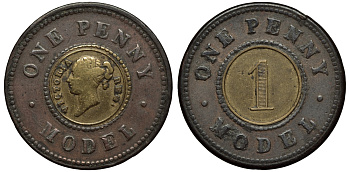 Великобритания 1 пенни ND (1844) модель монеты Виктории в 1 пенни, Джозеф Мур биметалл 1524-335