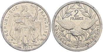 Французская Новая Каледония 2 франка 2001 птица кагу, (IEOM) KM 14, Schoen 11, Lec 68f алюминий    25-854