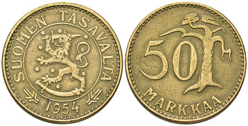 Финляндия 50 марок 1954 H KM 40 алюминиевая бронза 4586-822