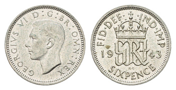 Великобритания 6 пенсов 1943 Георг VI (1936-1952) KM 852, Spink 4084 серебро 4392-1355