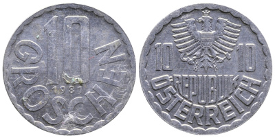 АВСТРИЯ 10 ГРОШЕЙ 1981 KM 2878 алюминий 26-1154