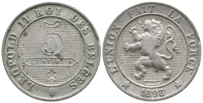 БЕЛЬГИЯ 5 САНТИМОВ 1898 BELGES KM 40.1 медно-никель 100-1113
