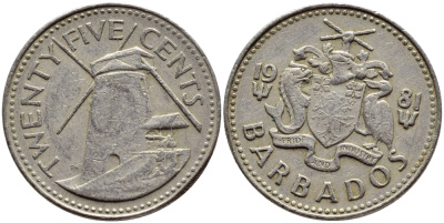 Барбадос 25 центов 1981 ветряная мельница Моргана Льюиса KM 13 медно-никель 4398-414