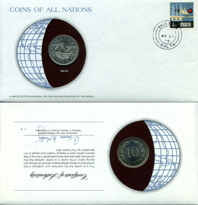 Мальта 10 центов 1972 баржа Великого магистра, конверт с маркой первого дня гашения, Coins of Nations KM 11 медно-никель UNC 4294-46-3