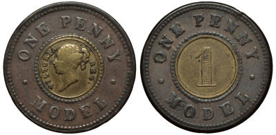 Великобритания 1 пенни ND (1844) модель монеты Виктории в 1 пенни, Джозеф Мур биметалл 1524-335