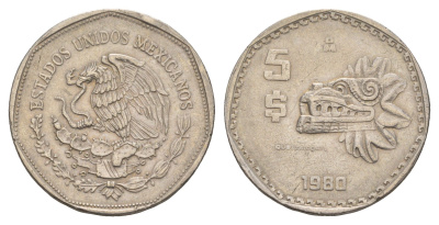 Мексика 5 песо 1980 Мо, бог Кетцалькоатцаль (пернатый змей) KM 485 медно-никель 4656-1227