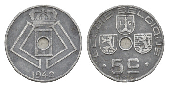 Бельгия 5 сантимов 1942 Belgie - Belgique, Леопольд III (1934-1951), германская оккупация, Вторая мировая война KM 124 цинк 4169-433