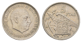 Испания 5 песет 1957 (75) Франсиско Франко (1939-1975) KM 786 медно-никель 4671-1025