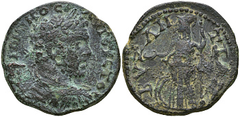 Римская Империя, Провинция Фракия, Византий AE 198 - 217 Каракалла, бюст император / Афина с копьем и патерой, у ног щит ( Extremely rare ) Schönert-Geiss, Byzantion II 1592 бронза 1100-6-73