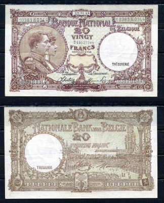 Бельгия 20 франков 1944 27.11.1944, Король Альберт I и его жена Королева Елизавета, Гран-Плас / Гроте Маркт, Брюссель Pick 111 (3) бумага 6301-9-2-2