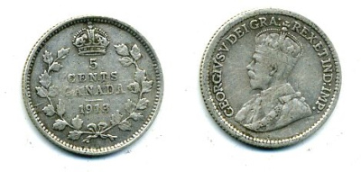 КАНАДА 5 ЦЕНТОВ 1913 ГЕОРГ V серебро 46-557