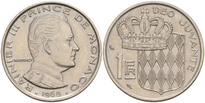 Монако 1 франк 1968 Ренье III (1949-2005) KM 140 никель 190-532