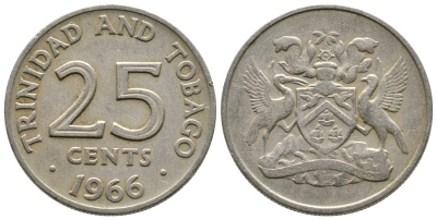 Тринидад и Тобаго 25 центов 1966 герб KM 4 медно-никель 25-1231