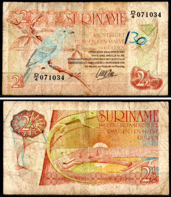 Суринам 2 1/2 гульдена 1985 Pick 119 a бумага 7204-73-1-1