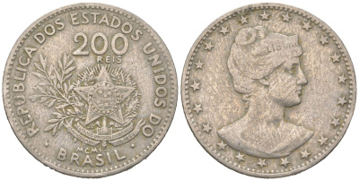 Бразилия 200 реалов 1901 MCMI, голова свободы вправо KM 504 медно-никель 4612-356