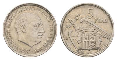 Испания 5 песет 1957 (75) Франсиско Франко (1939-1975) KM 786 медно-никель 4671-1025