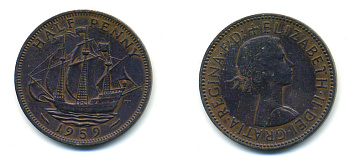 Великобритания 1/2 пенни 1959 Елизавета II (1952-2022) KM 896, Spink 4158 бронза 83-443