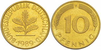 ФРГ 10 ПФЕННИГОВ 1989 F KM 108, J.383 сталь плакированная латунью 3996-715