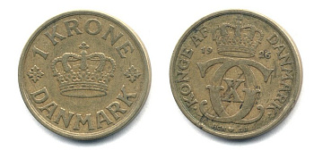 ДАНИЯ 1 КРОНА 1926 HCN ; GJ, КРИСТИАН X (1912-1947) KM 824.1 алюминиевая бронза 25-334