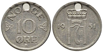 НОРВЕГИЯ 10 ЭРЕ 1951 ХАКОН VII (1905-1957) KM 396 медно-никель 39-1241