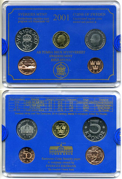 Швеция набор из 4 монет + медаль 2001 в пластике, сертификат Карл XVI Густав (1973- ) KM MS 108 UNC 4-4-1-33