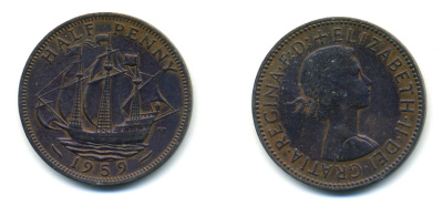 Великобритания 1/2 пенни 1959 Елизавета II (1952-2022) KM 896, Spink 4158 бронза 83-443