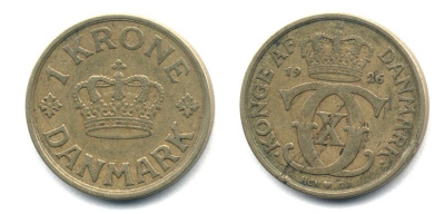 ДАНИЯ 1 КРОНА 1926 HCN ; GJ, КРИСТИАН X (1912-1947) KM 824.1 алюминиевая бронза 25-334