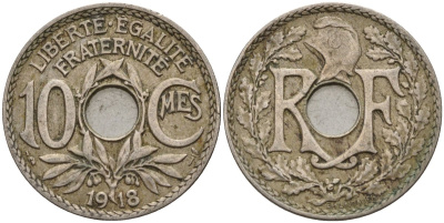 Франция 10 сантимов 1918 тип Линдайё KM 866a, Le Franc 138.3 медно-никель 4143-834