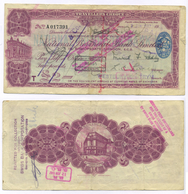 АНГЛИЯ ДОРОЖНЫЙ ЧЕК НА 2 ФУНТА 1947 ВЫПИСАН 3 ИЮНЯ 1947 NATIONAL PROVINCIAL BANK LIMITED бумага 6266-39-2